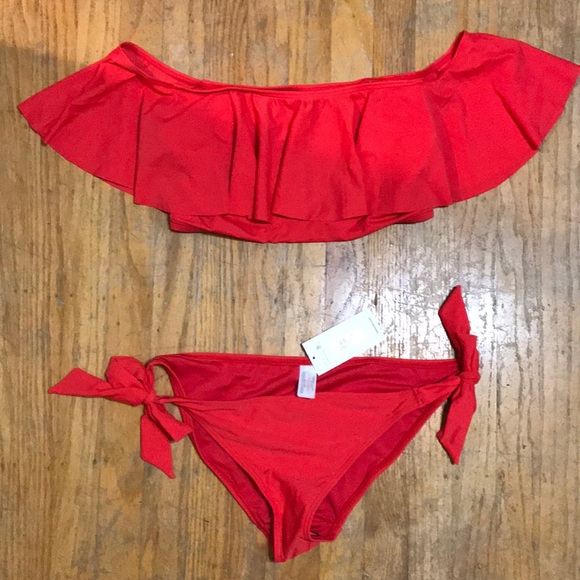 red off the shoulder bathing suit